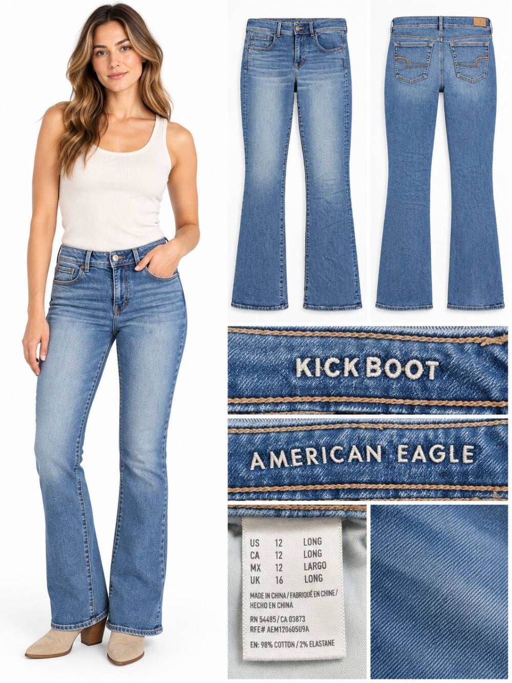 American Eagle 12 Long Kick Boot Jeans Super Stretch Blue